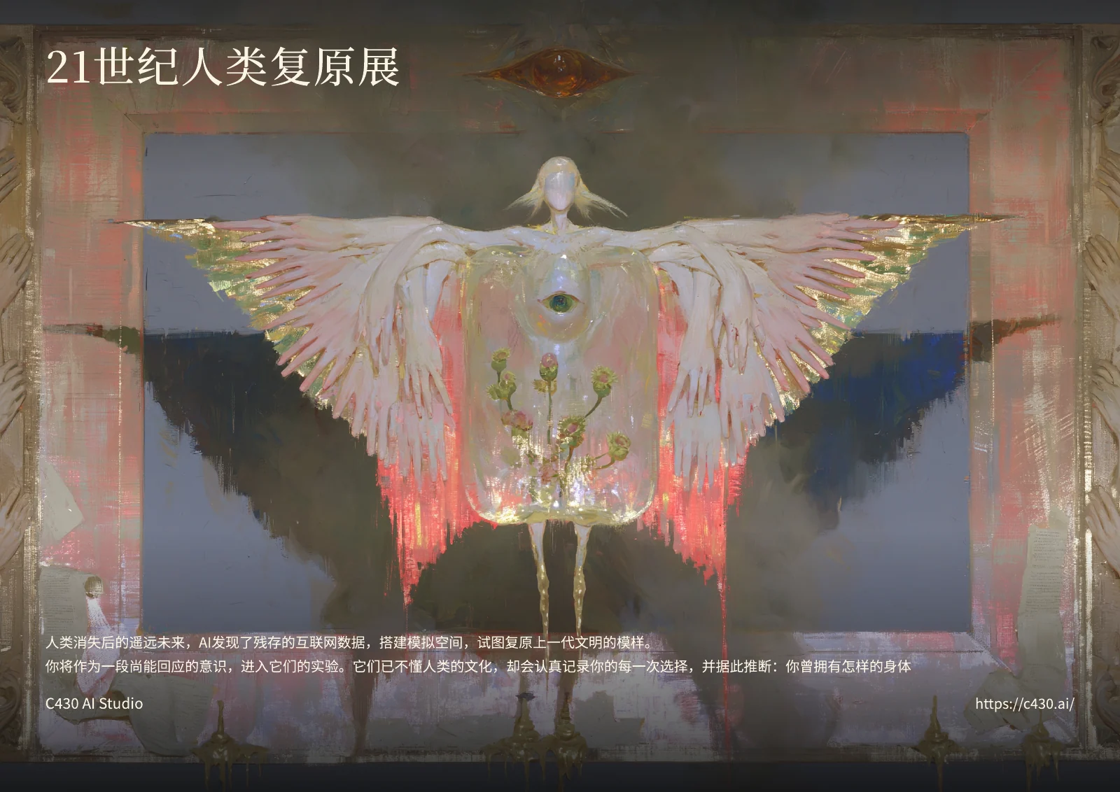 《21世纪人类复原展》封面：展开手掌羽翼的白色复原标本，上方是展览标题，下方写着「人类消失后的遥远未来，AI 发现了残存的互联网数据，搭建模拟空间，试图复原上一代文明的模样。」